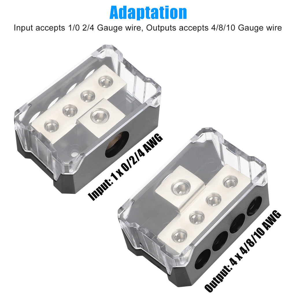 2Pcs Power Ground Amp Distribution Block 0/2/4 Gauge Input 4/8/10 Gauge Output