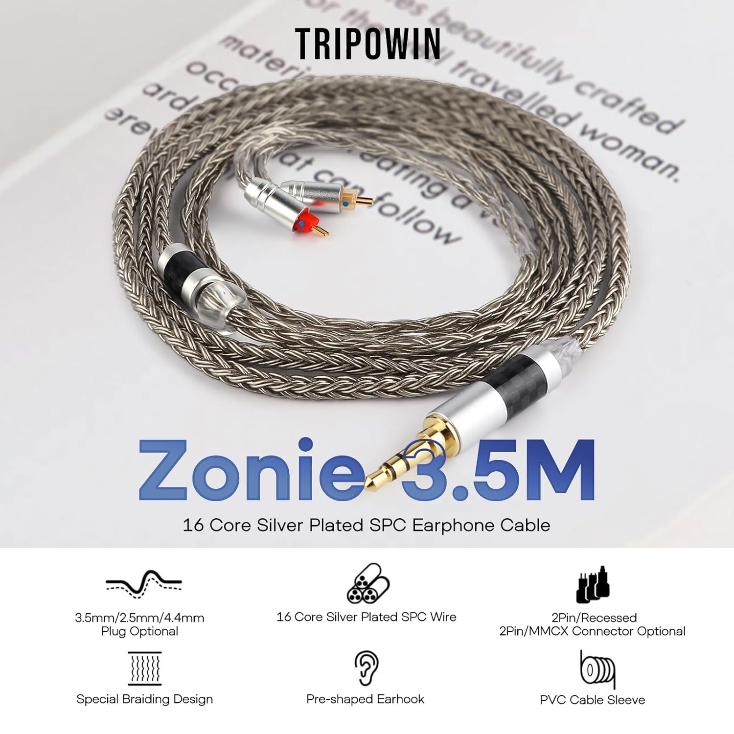 Tripowin Zonie IEM Cable, 16 Core Silver Plated Earphone Upgraded Cords, 1.25M SPC in Ear Monitor Cable for 7Hz Zero:2 Orchestra Lite Cadenza Hype4 Supermix4(2Pin 0.78Mm, 3.5Mm)(Grey)