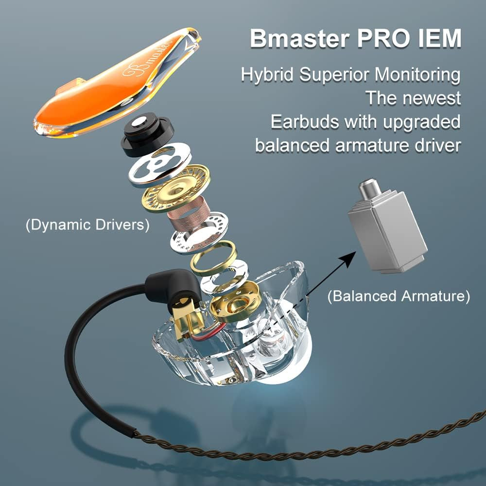 In-Ear Monitors, Bmaster Triple Driver Hifi Stereo Noise-Isolating with Enhanced Bass for Musicians Stage/Audio Recording (PRO Orange/Black)