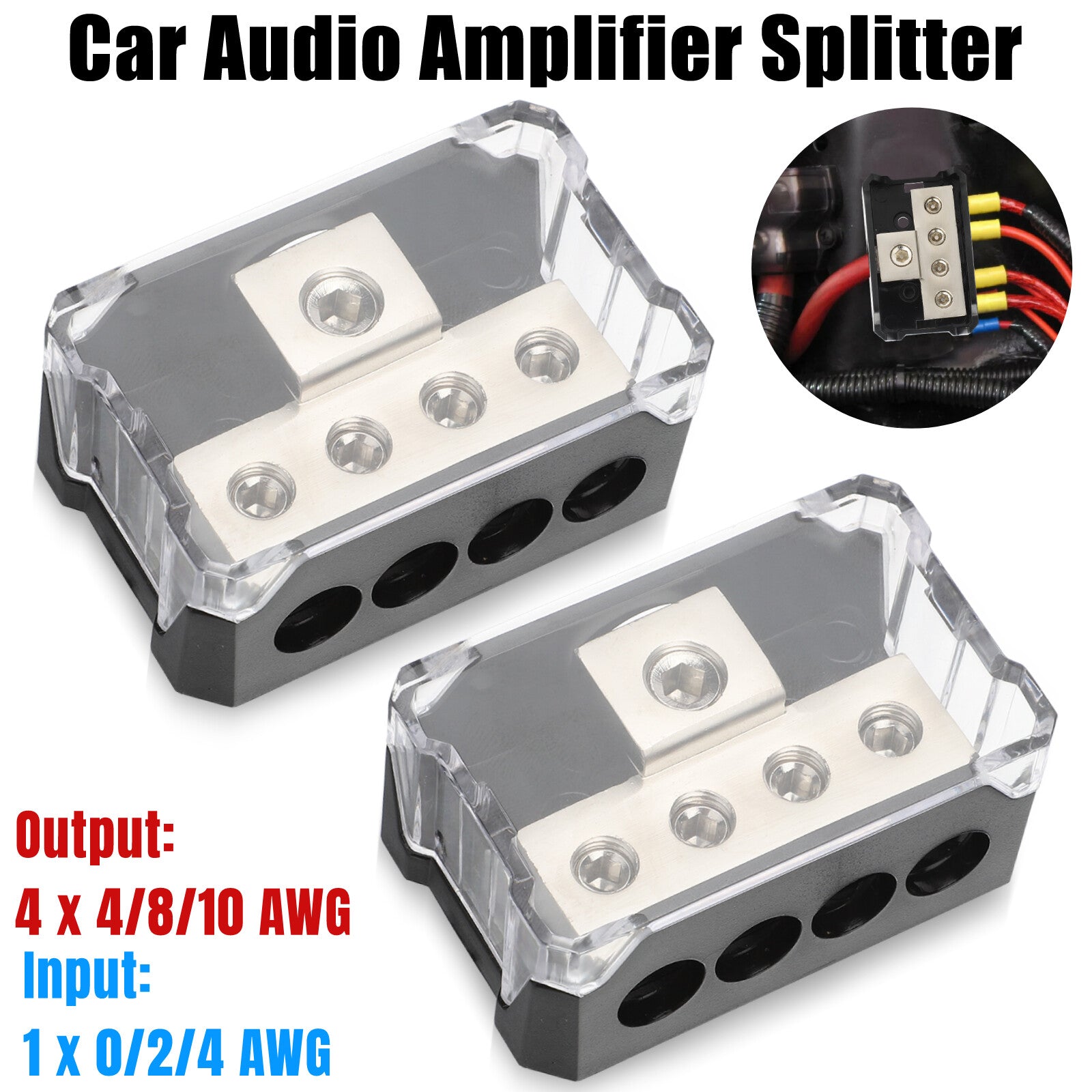 2Pcs Power Ground Amp Distribution Block 0/2/4 Gauge Input 4/8/10 Gauge Output